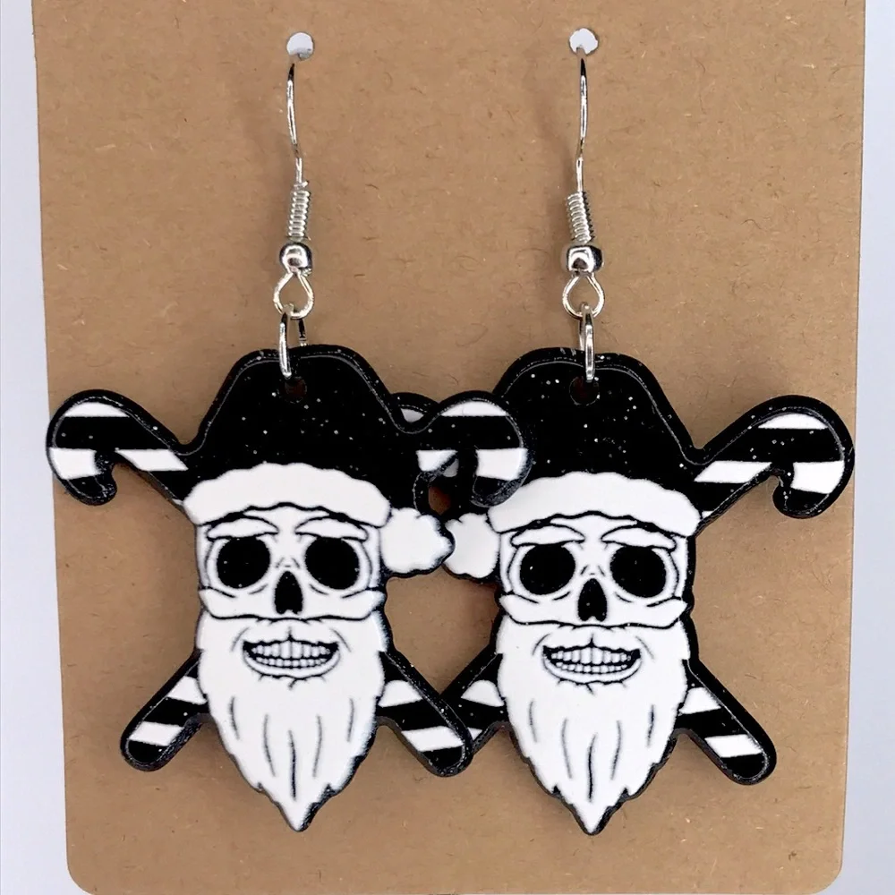 Skull Santa Earrings in Black and White  Fashion Jewelry